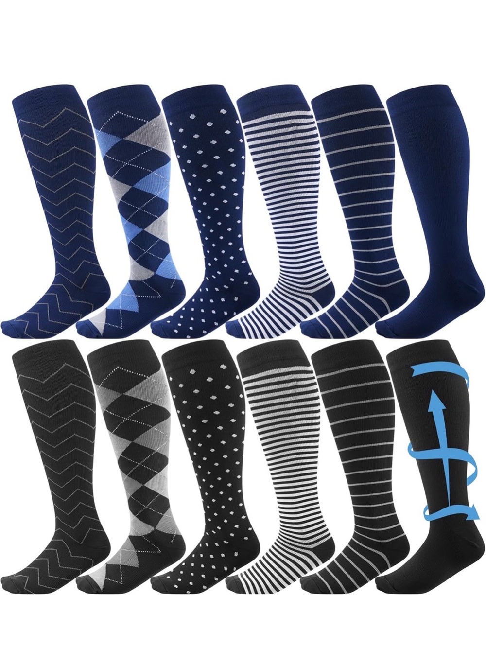 Shyyween 12 Pairs Men Knee High Compression Socks, Size L-XL, classic